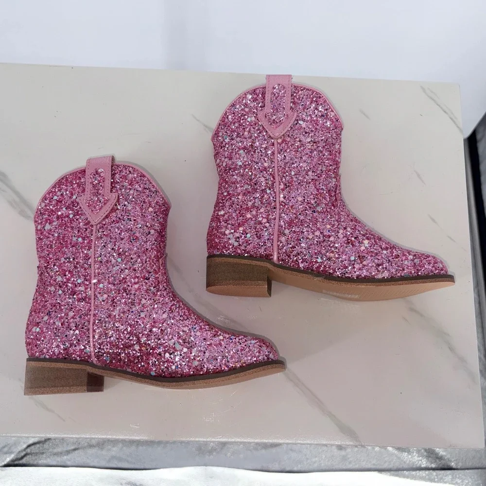 Cowboy Boots 10 Pink Glitter Sparkly Western Pull On Toddler Shoes